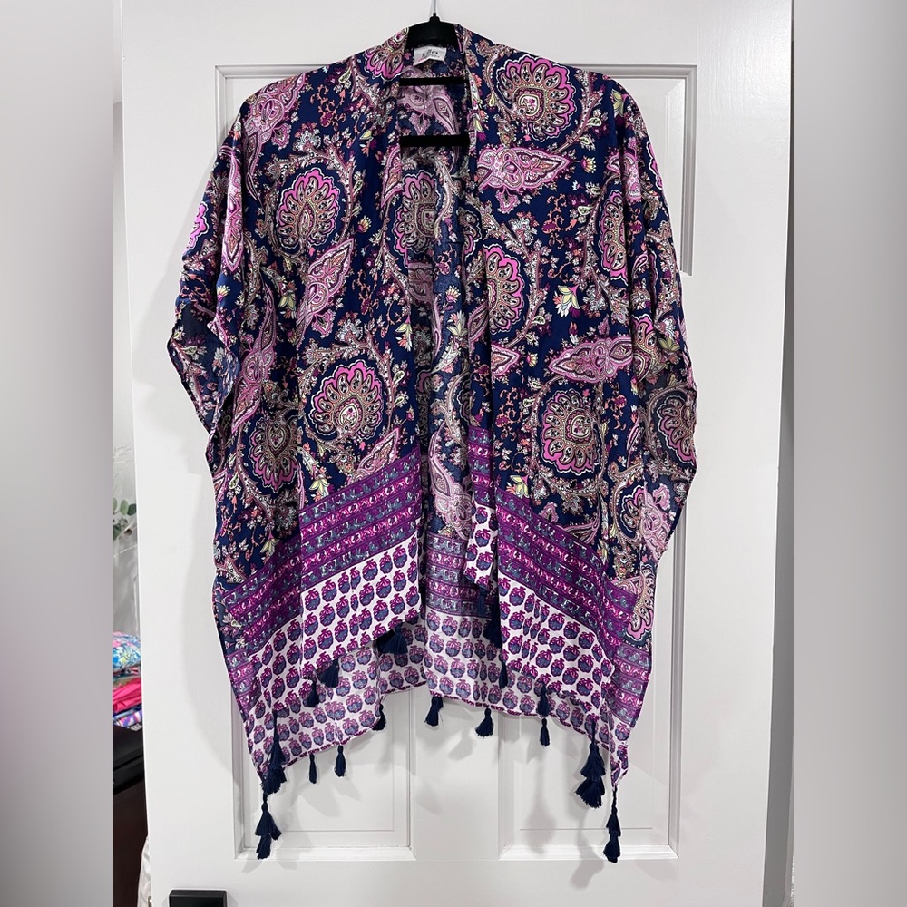 Lulla Collection Purple Navy Swim Coverup One Size Paisley Tassels Shawl